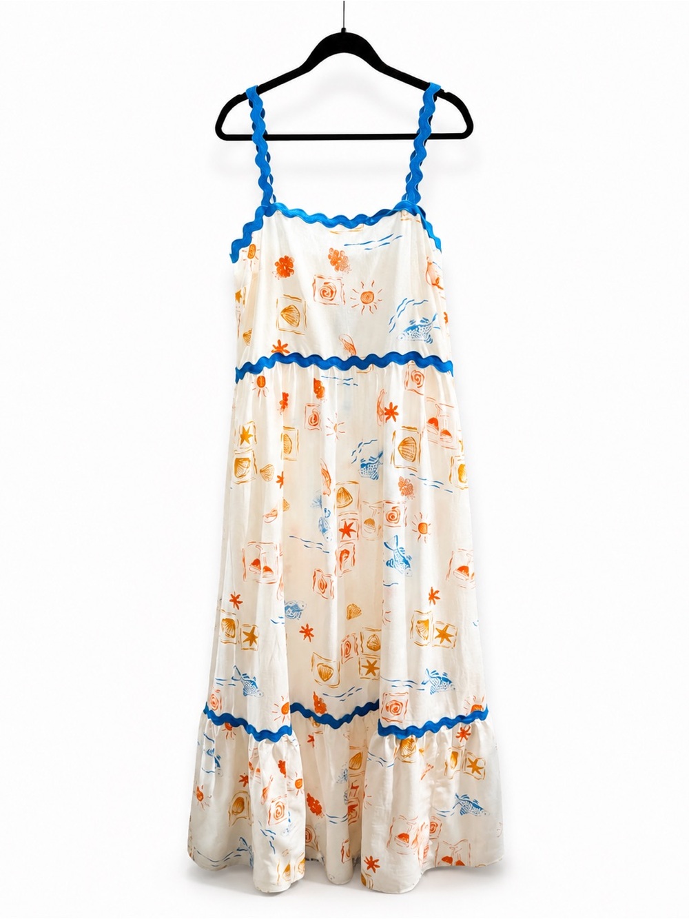 Blue-Trim Sea Shells Maxi Dress